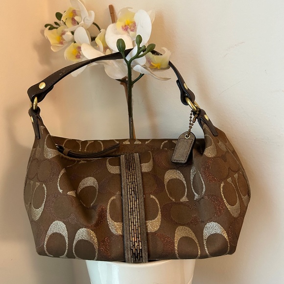 Coach Vintage Brown and Gold Monogram Mini Shoulder Bag With Bead Details - Picture 1 of 5